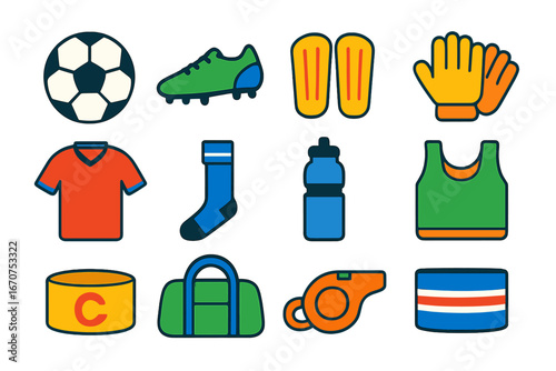 Collection of sports items including a soccer ball, soccer cleats