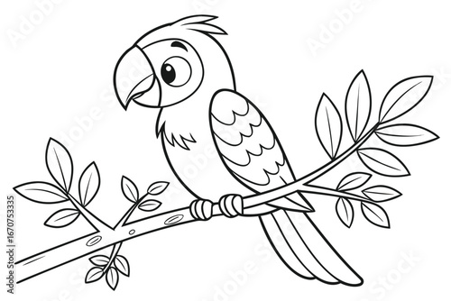  black and white line drawing of a cartoon parrot perched on a branch.