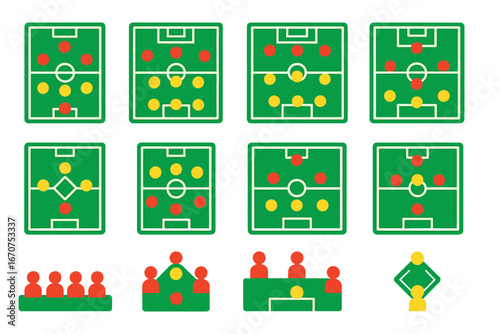 Set of soccer field diagrams with different colored squares and circles