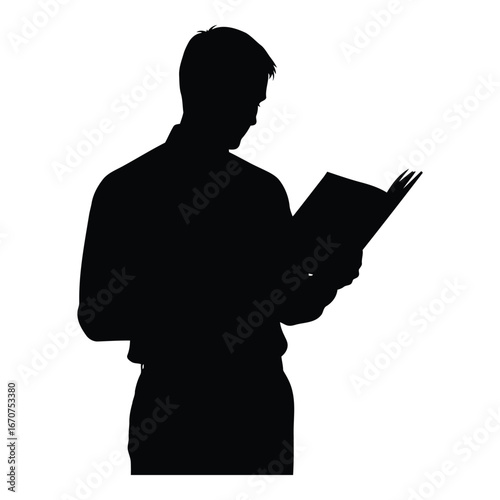 Silhouette of a man reading a book with focused expression and knowledge acquisition silhouette