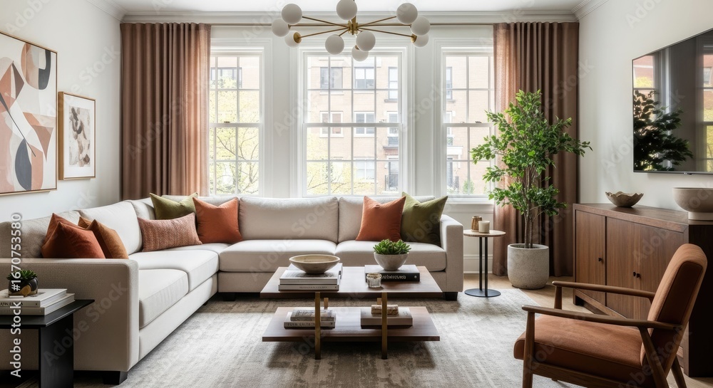 Fototapeta premium Elegant Living Room with Sectional Sofa and Modern Accents