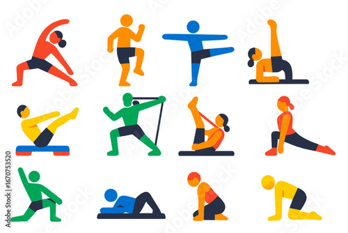 Series of people doing various exercises, including yoga, situps, and pushups
