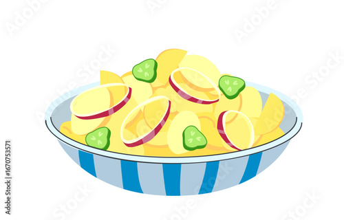 Traditional Bavarian potato salad with cucumber and red onion rings served in striped bowl isolated on white background