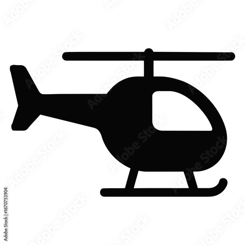 Black silhouette of helicopter side view icon with rotor blades on white background