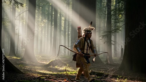 Indigenous man hunter walking with bow and arrow in sunlit forest. Ancient native american warrior on a hunt footage.