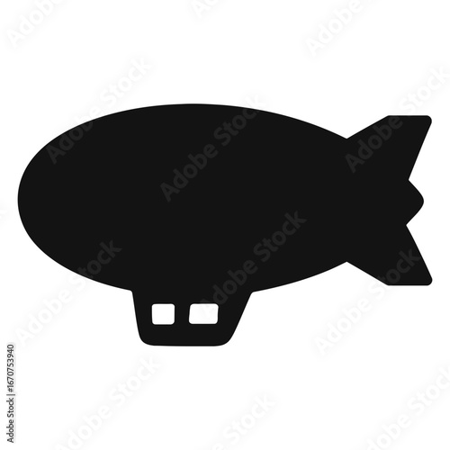 Black silhouette of blimp airship icon in flight on white background