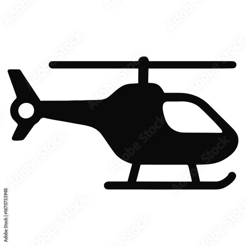 Black silhouette of helicopter icon with rotor blades and skids on white background