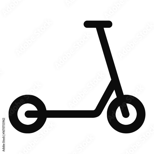 Black silhouette of kick scooter icon with two wheels and handlebars on white background