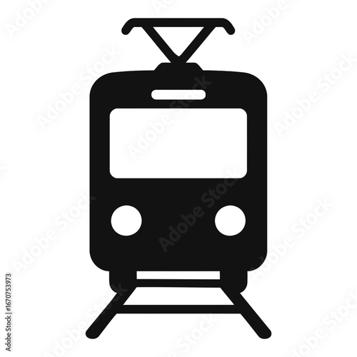 Black silhouette of tram streetcar front view icon with overhead wire on white background
