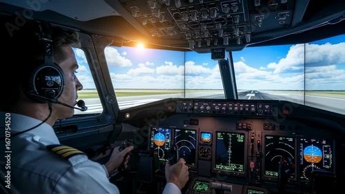 Male pilot in cockpit simulator showing aircraft control from sunny runway to clear blue sky, aviation training footage.