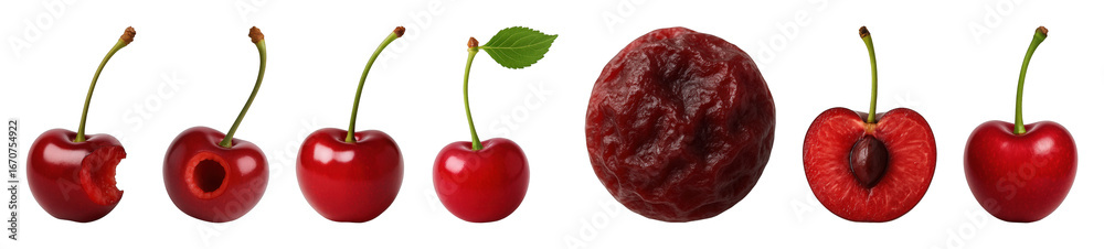 Obraz premium Red cherries set including whole, bitten, pitted, halved, dried, and with leaf isolated. Healthy food and fresh fruit collection.