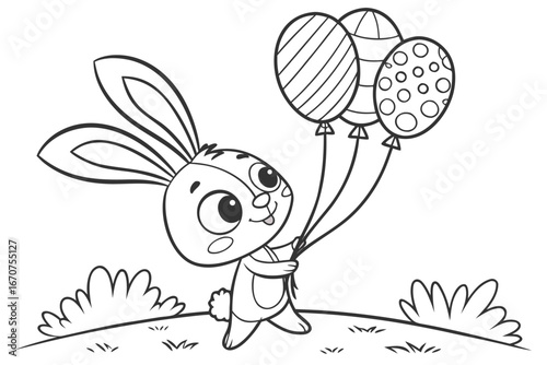 black and white line drawing of a cute cartoon bunny holding a bunch of four Easter egg-shaped balloons