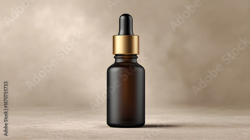 Amber glass dropper bottle with gold cap and black pipette for cosmetic product on beige background. Minimalist studio photography for skincare and beauty.