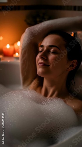 Woman relaxing in a bubble bath surrounded by lit candles, enjoying a serene and peaceful self care moment in the spa footage.