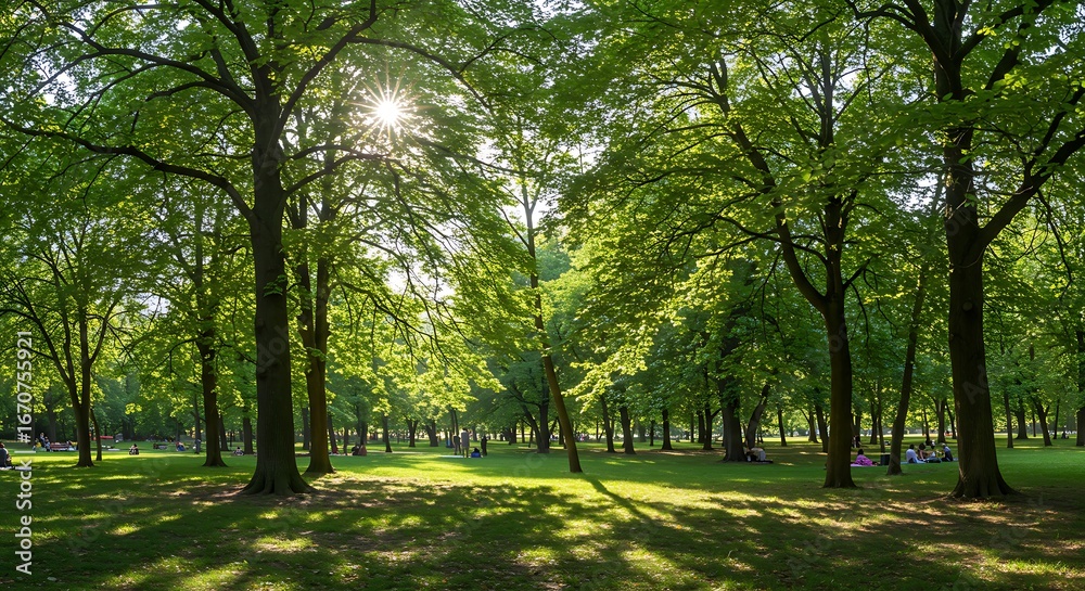 Obraz premium Sunlit haven serene landscape of lush green parkland with sunlight filtering through foliage