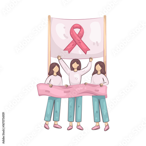 Illustration of Three women carrying banners supporting breast cancer sufferers