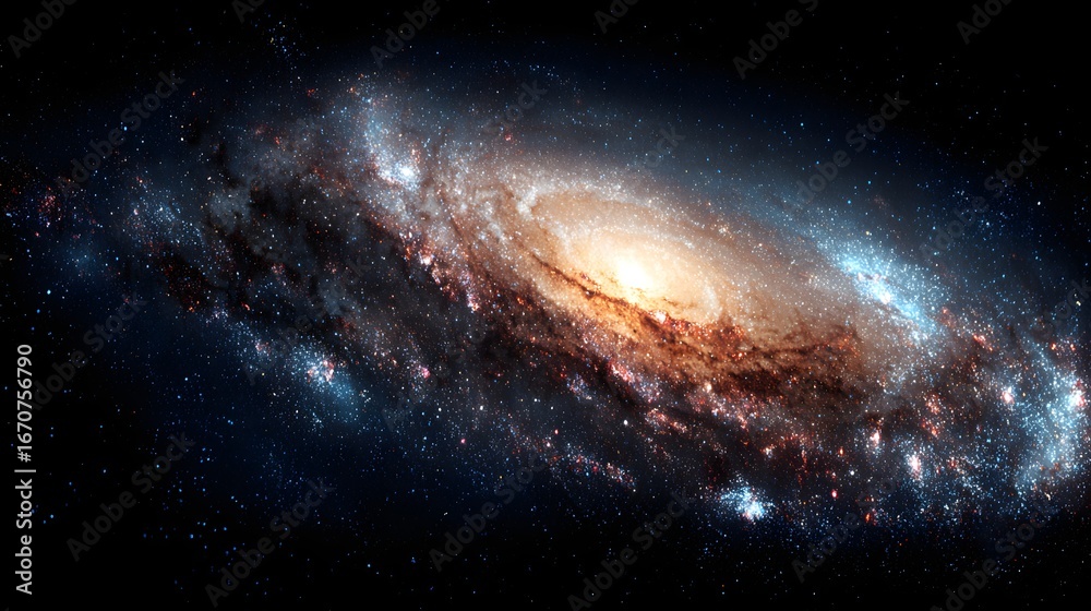 Obraz premium A breathtaking spiral galaxy, glowing with vibrant hues of gold, brown, and blue, fills the vast expanse of space, dotted with countless stars.