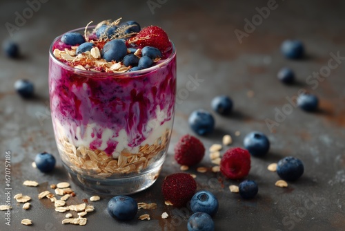 Colorful yogurt parfait layered with fresh berries and granola served on a rustic countertop in a kitchen