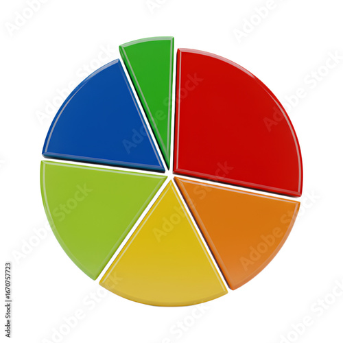 Free Download 3D pie chart with six colorful segments in red, orange, yellow, light green, dark green and blue, vibrant 3D data visualization for statistics, business analytics and presentation design. PNG - GFXLoad