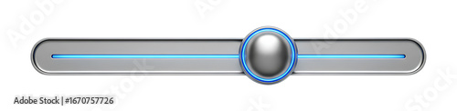 Horizontal slider control with metallic track and glowing blue value line, circular knob centered, modern user interface element for adjusting settings in digital design, audio, brightness. PNG