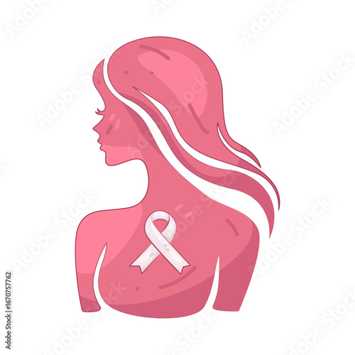 Illustration of Woman Silhouette with Breast Cancer Awareness Ribbon