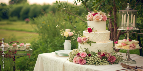 Vintage style white wedding cake with fresh roses and wildflowers on a garden table.