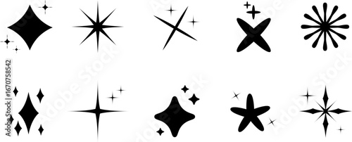 Star sparkle shapes, sparkles stars icons set, shine effect blink twinkle, sunburst sun beam firework glowing lens flare curve glass lens, spotlight explosion vortex ray isolated on white retro decor 