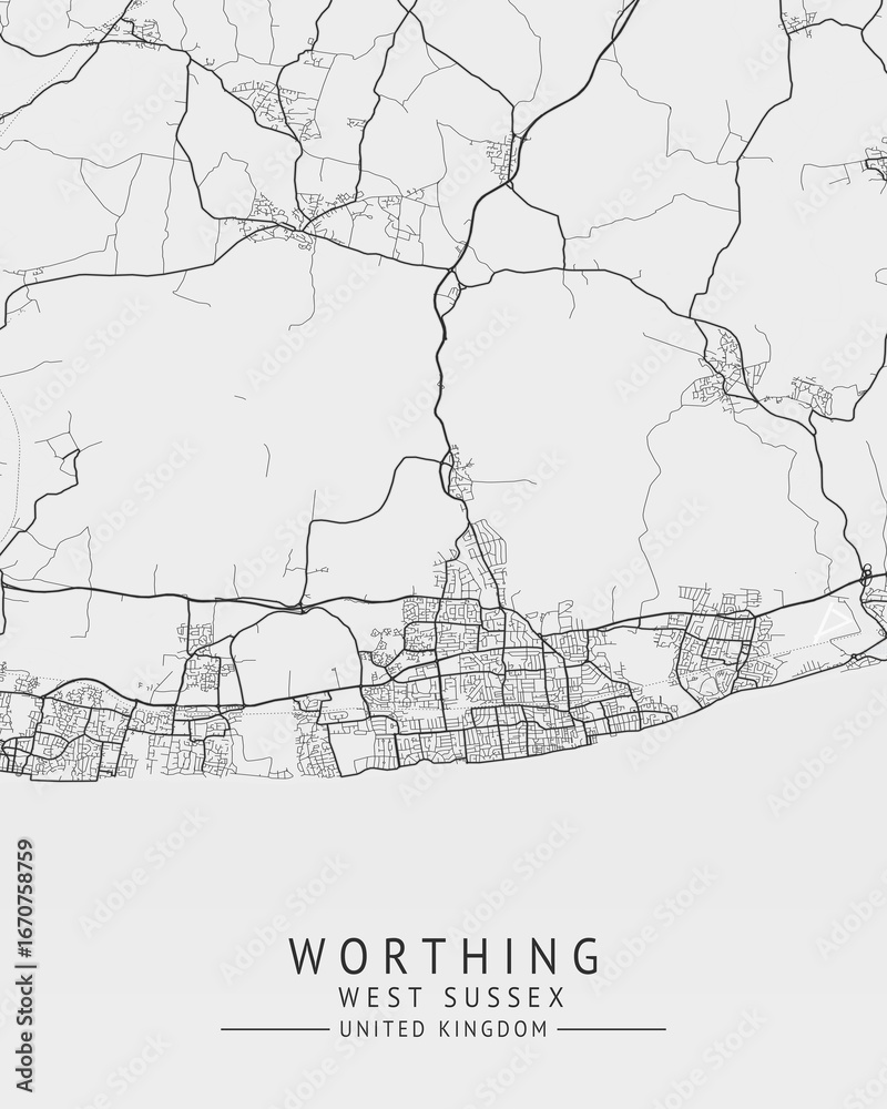 Fototapeta premium Worthing - West Sussex UK Gray City Map
