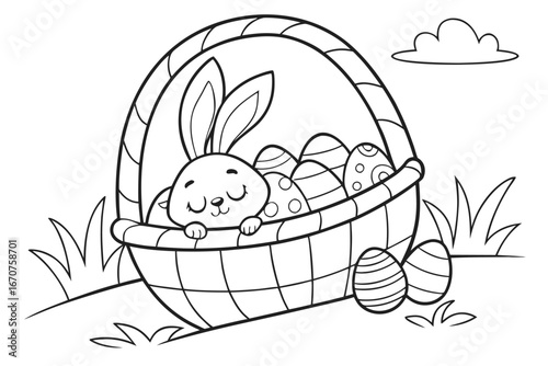  charming black and white line drawing of an Easter basket. A sleepy bunny is nestled among decorated Easter eggs
