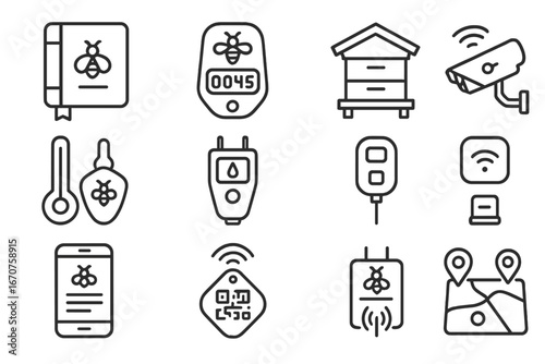Apiary Tools Icons. Line style icons of apiary management tools: logbook, bee counter, hive scale, temperature sensor, moisture