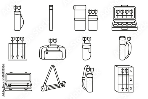 Arrow Storage Icons. Line style icons of arrow storage and transport: arrow case, hard arrow tube, soft arrow roll, foam insert