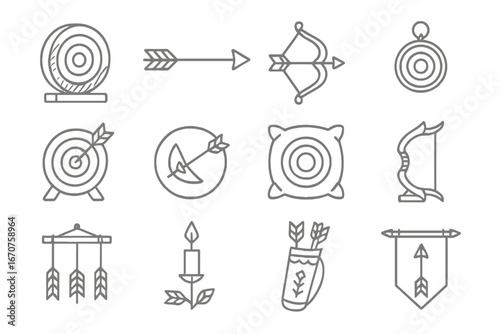 Archery Decor Icons. Line style icons of archery-inspired decorations: wooden target décor, arrow wall art, miniature bow,