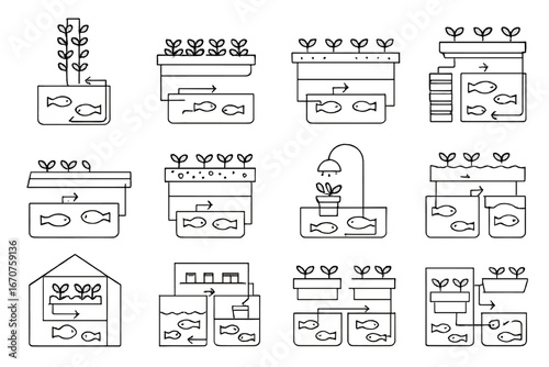 Aquaponic System Icons. Line style icons of aquaponic system layouts: vertical tower, horizontal grow bed, raft system, NFT