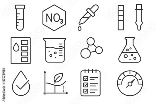 Nutrient Testing Icons. Line style icons of nutrient and water testing: pH test vial, nitrate icon, ammonia dropper, test strip,
