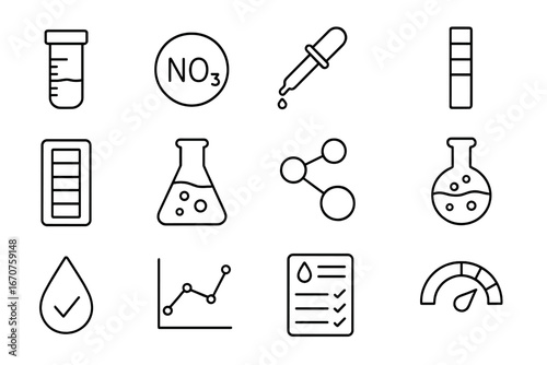 Nutrient Testing Icons. Line style icons of nutrient and water testing: pH test vial, nitrate icon, ammonia dropper, test strip,