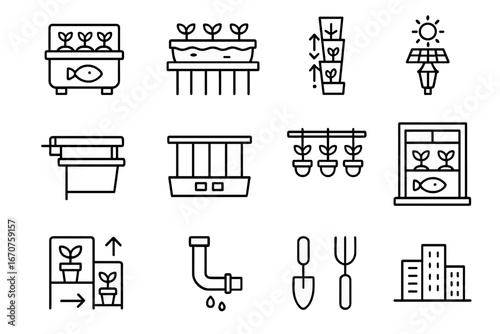 Balcony Aquaponics Icons. Line style icons of balcony aquaponics: compact unit, railing tank, vertical planter, solar light,