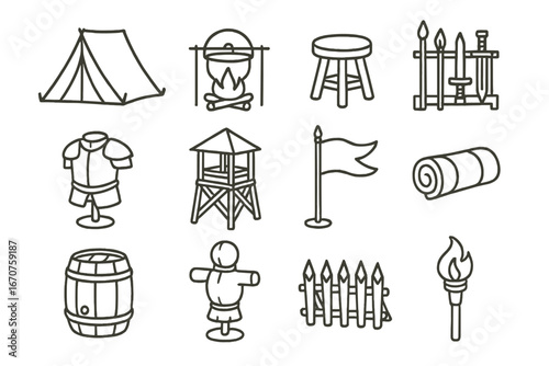 Historical Military Camp Icons. Line style icons of historical military camps: leather tent, campfire with pot, wooden stool,