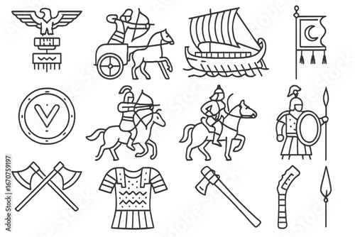 Ancient Empires in Iconography. Line style icons of ancient empires at war: Roman eagle standard, Persian chariot, Egyptian