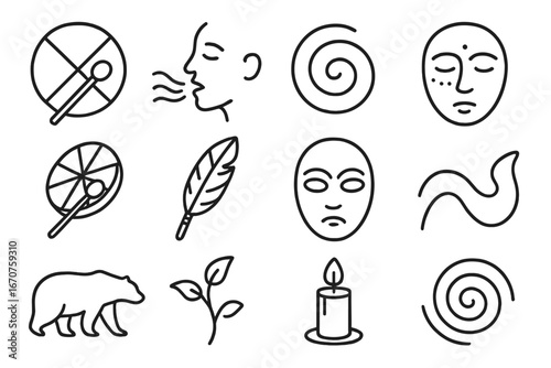 Shamanic Ritual Icons. Line style icons of shamanistic and trance rituals: spirit drum, breathwork icon, energy flow swirl,