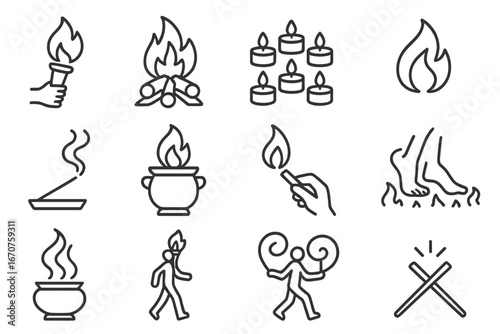 Fire Ritual Icons. Line style icons of fire and light rituals: torch lighting, bonfire pile, candle circle, flame symbol, incense
