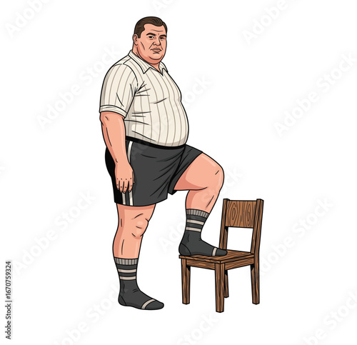  Large Man in Retro Clothes Posing with Foot on a Chair