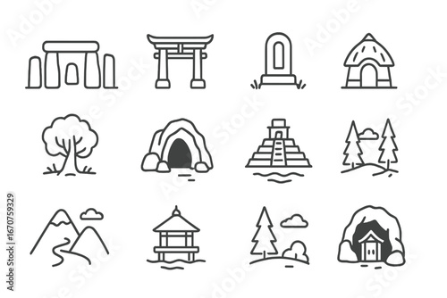 Sacred Sites Icons. Line style icons of sacred sites and spaces: stone circle, temple gate, ancestral grave, ceremonial hut,