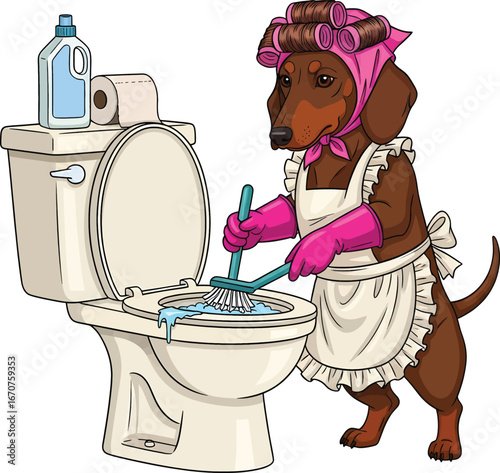 Funny Cartoon Dachshund Dog Housewife Cleaning a Toilet