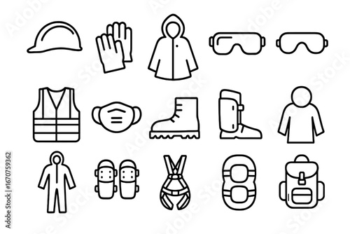 Emergency Gear Icons. Line style icons of emergency protection gear: helmet icon, gloves pair, rain poncho, safety goggles,