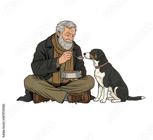 Kind Elderly Man Sharing Food with a Companion Dog