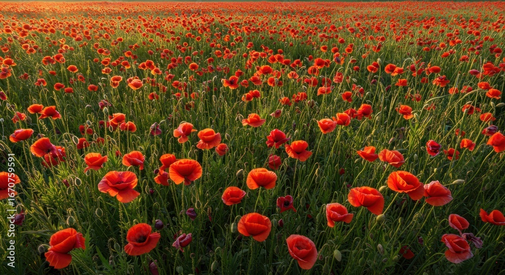 Obraz premium A serene landscape of a sunny field filled with countless red poppy flowers glowing in the warm light of a summer sunset