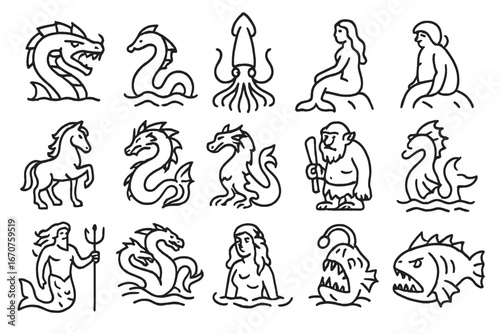Legendary Sea Monsters Icons. Line style icons of legendary sea monsters: leviathan, sea serpent, giant squid, selkie, hippocampus