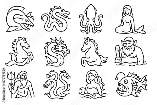 Legendary Sea Monsters Icons. Line style icons of legendary sea monsters: leviathan, sea serpent, giant squid, selkie, hippocampus