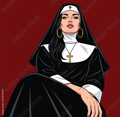 Pop Art Illustration of a Beautiful Modern Woman in a Nun Habit