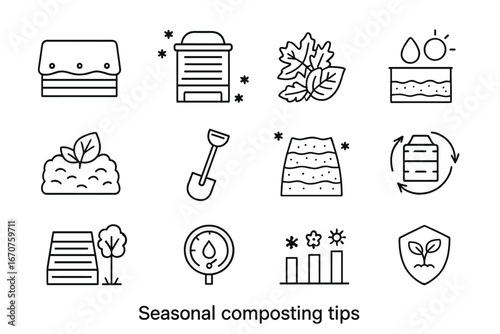 Seasonal Composting Icons. Line style icons of seasonal composting tips: winter cover sheet, insulated bin, fall leaves pile,